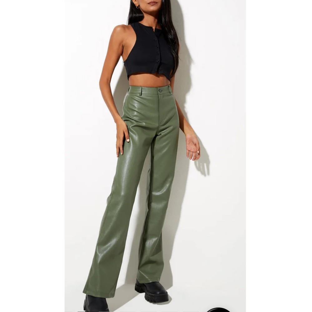 MOTEL Zoven Trouser Greenโ Faux Leather Flare Pants Women's XS
